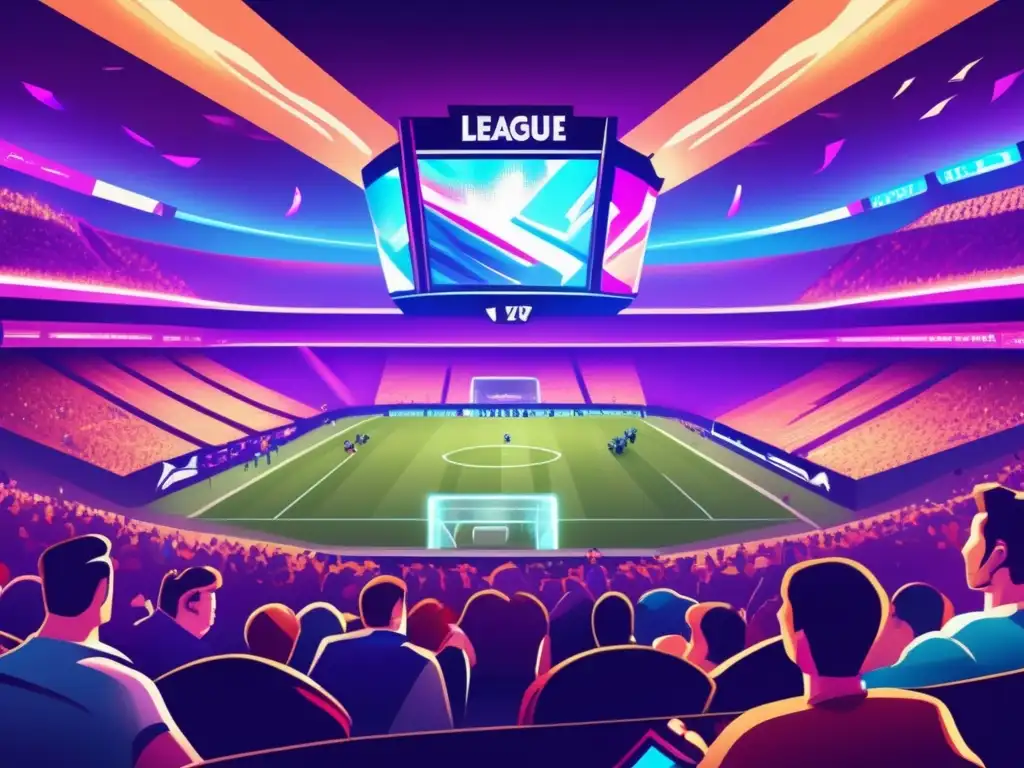 Una ilustración vintage en 8k de un estadio lleno de fans entusiastas viendo una partida del campeonato de League of Legends. La atmósfera vibrante y retro captura la trayectoria competitiva de League of Legends.