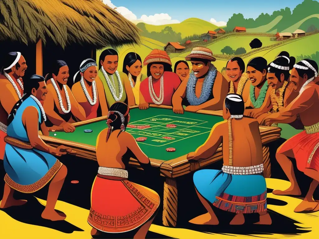 Una ilustración vintage de un juego de azar maorí en una aldea, con piezas talladas y participantes entusiastas. <b>Captura la importancia social y cultural de los juegos de azar en la sociedad maorí.