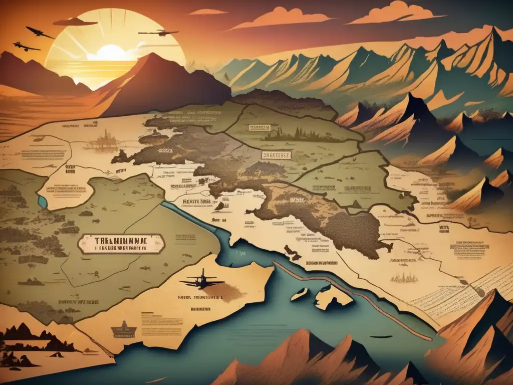 Una ilustración vintage de un mapa estratégico de guerra, envejecido y detallado, con una atmósfera nostálgica y contemplativa. <b>Evolución de los juegos estrategia tiempo real.