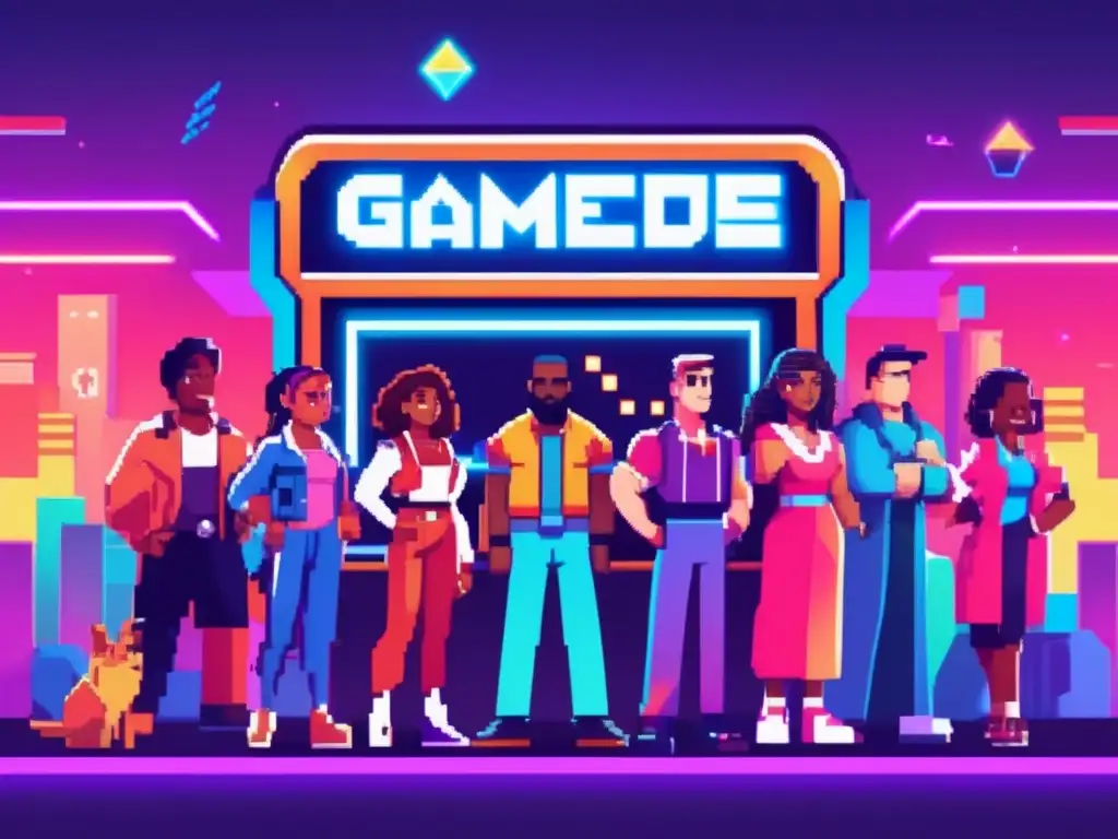 Una ilustración vintage de diversos personajes de videojuegos en pixel art, representando la diversidad en videojuegos modernos. <b>El fondo muestra una ambientación retro de arcade.