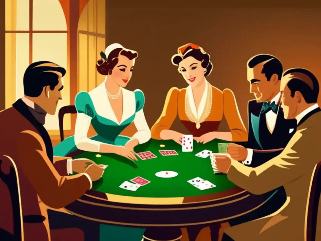 Una ilustración vintage de personas jugando bridge o póker en un ambiente cálido y elegante, capturando la historia social del bridge y poker.
