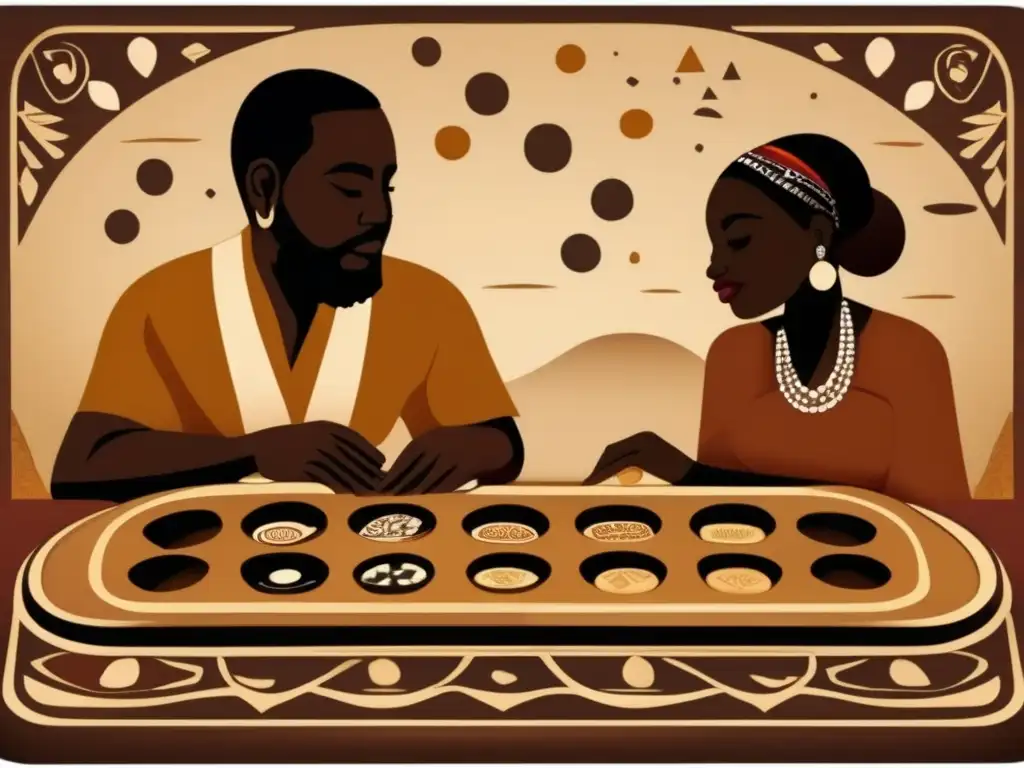 Una ilustración vintage de dos personas jugando Mancala con un tablero tallado y patrones africanos. Sus expresiones reflejan concentración y emoción. Los tonos cálidos evocan historia y tradición. <b>Origen y reglas del juego Mancala.