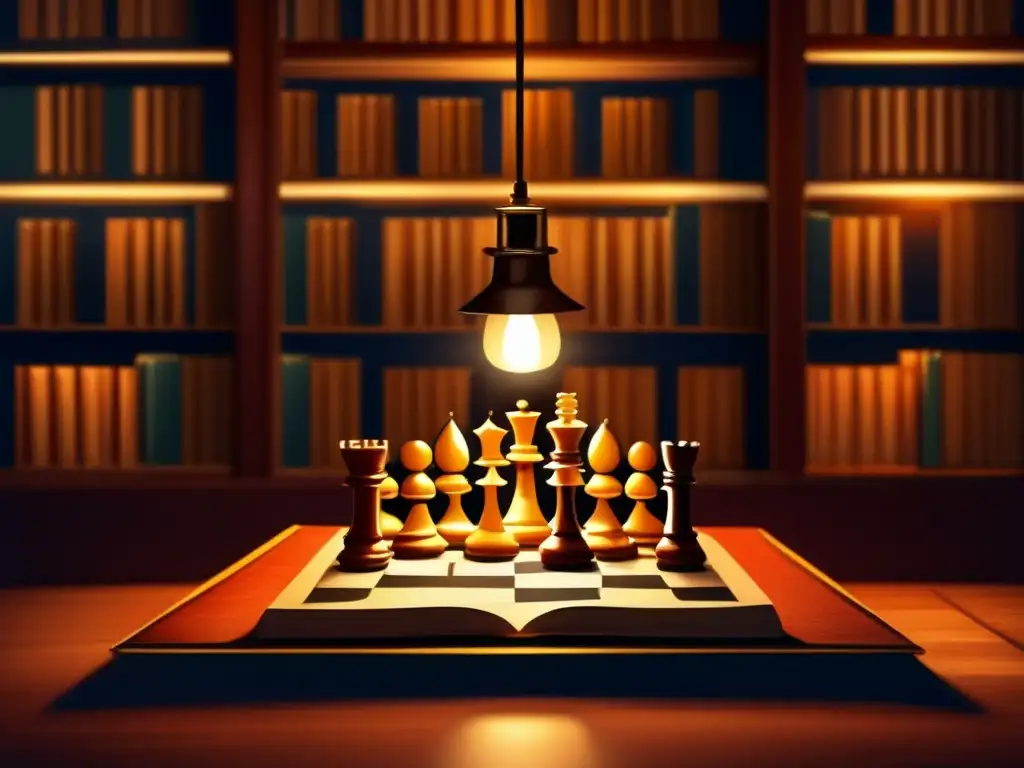 Una ilustración vintage de un tablero de ajedrez en una biblioteca tenue, con libros encuadernados en cuero y una lámpara antigua. Las piezas de madera tallada en el tablero sugieren el impacto de juegos estrategia novela política.