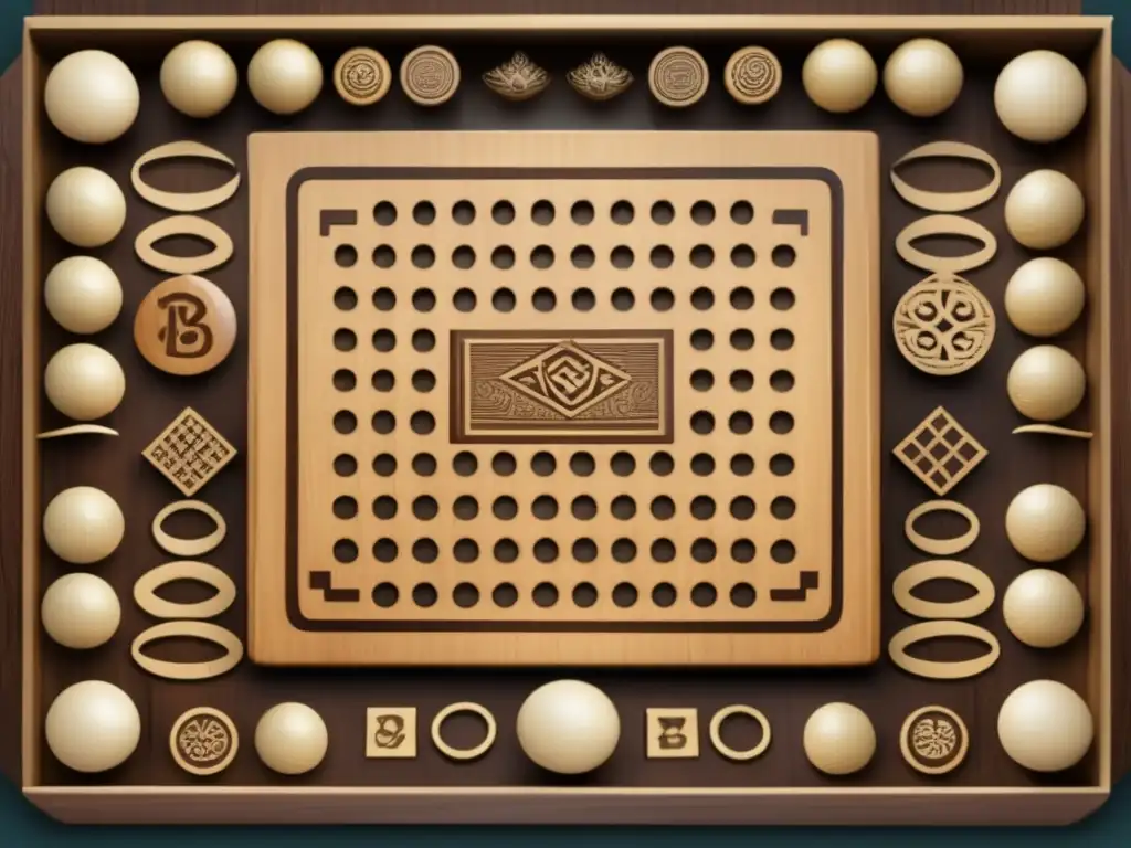 Una ilustración vintage de un tablero de juego tradicional de Bao con piezas de madera talladas, exuda historia y cultura.