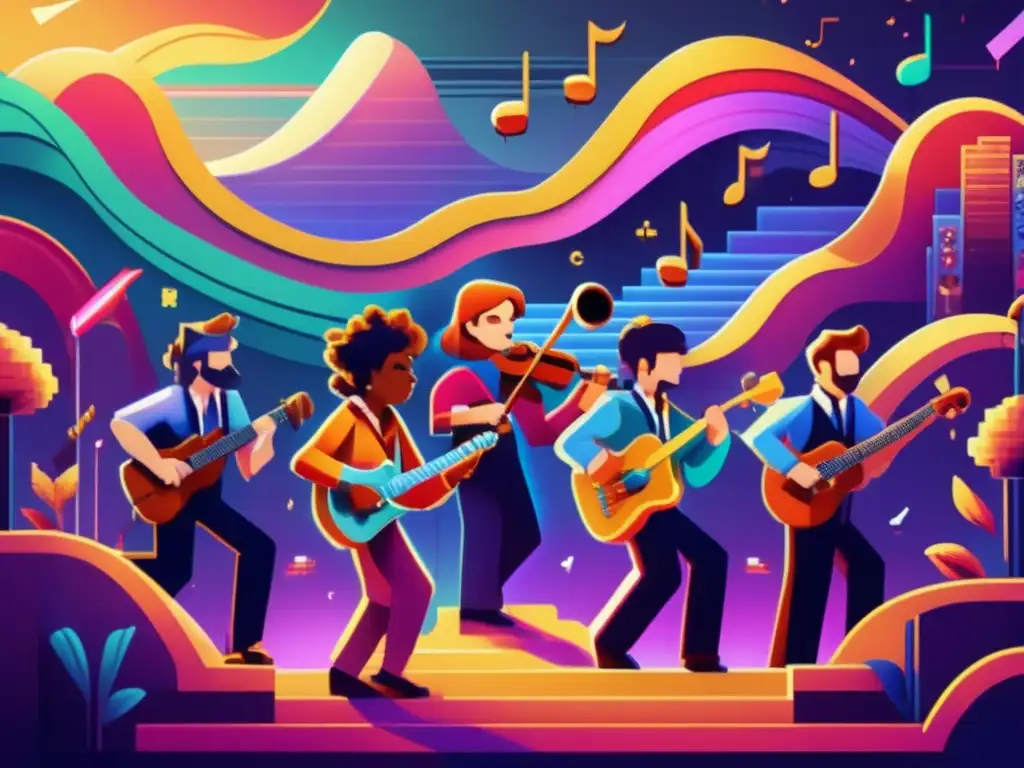 Una imagen de alta definición en 8k que muestra a personajes de videojuegos tocando instrumentos musicales en un entorno retro pixelado, rodeados de ondas de sonido y notas musicales. <b>Captura la importancia de la música en videojuegos.