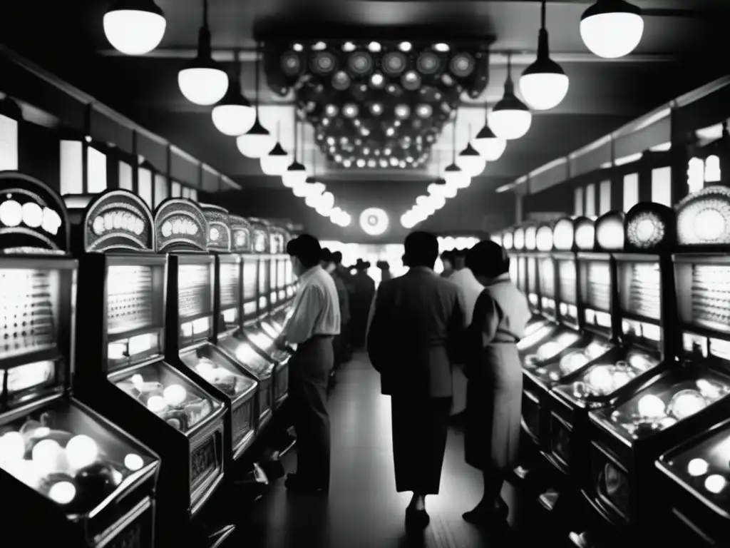 Una imagen en blanco y negro de un bullicioso salón de Pachinko en Japón, capturando la intensa concentración de los jugadores entre el caos de las bolas y luces parpadeantes. El humo en el aire añade nostalgia a la escena, mientras los jugadores, vestidos al estilo de