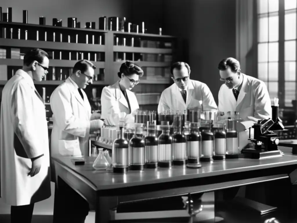 Una imagen en blanco y negro muestra a un grupo de científicos en un laboratorio, examinando gráficos y datos. <b>El ambiente nostálgico y académico transmite dedicación a la investigación científica.</b> <b>Estos elementos evocan la conexión entre videojuegos y violencia.