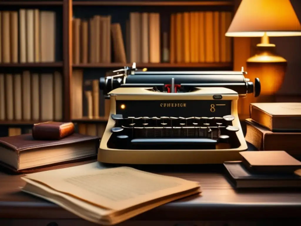 Una imagen detallada en 8k de una antigua máquina de escribir con un montón de papeles amarillentos a su lado en una acogedora y tenue biblioteca. El impacto de The Witcher se siente en la atmósfera nostálgica y evocativa de la escena.