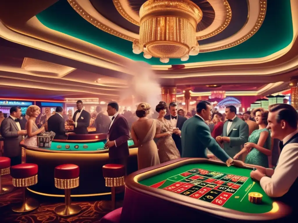 Una imagen 8k detallada de un bullicioso casino de los años 60, capturando el glamour vintage y la emoción de la época, con elegantes clientes inmersos en juegos de casino, decoración opulenta y el humo de los cigarrillos. Evoca un sentido de atracción atemporal y la