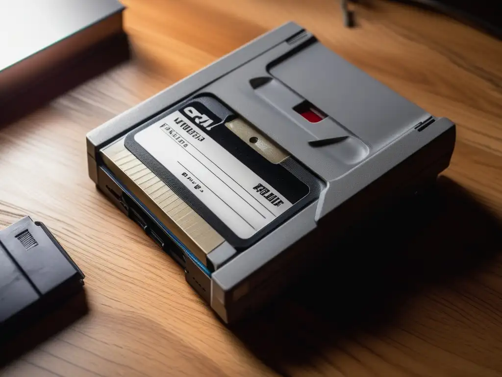 Una imagen detallada de un cartucho de videojuego vintage y un disquete envejecido, evocando la evolución tecnológica en el almacenamiento de juegos.