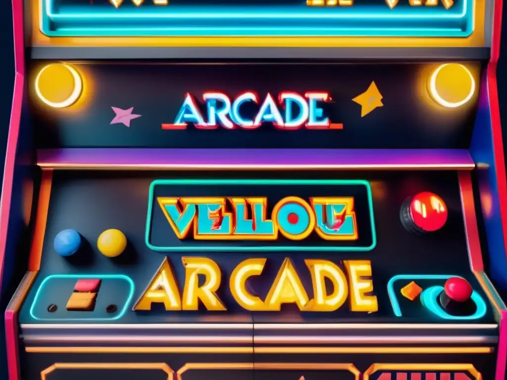 Una imagen detallada de un gabinete de arcade vintage con personajes de videojuegos clásicos, evocando el impacto cultural de los videojuegos.