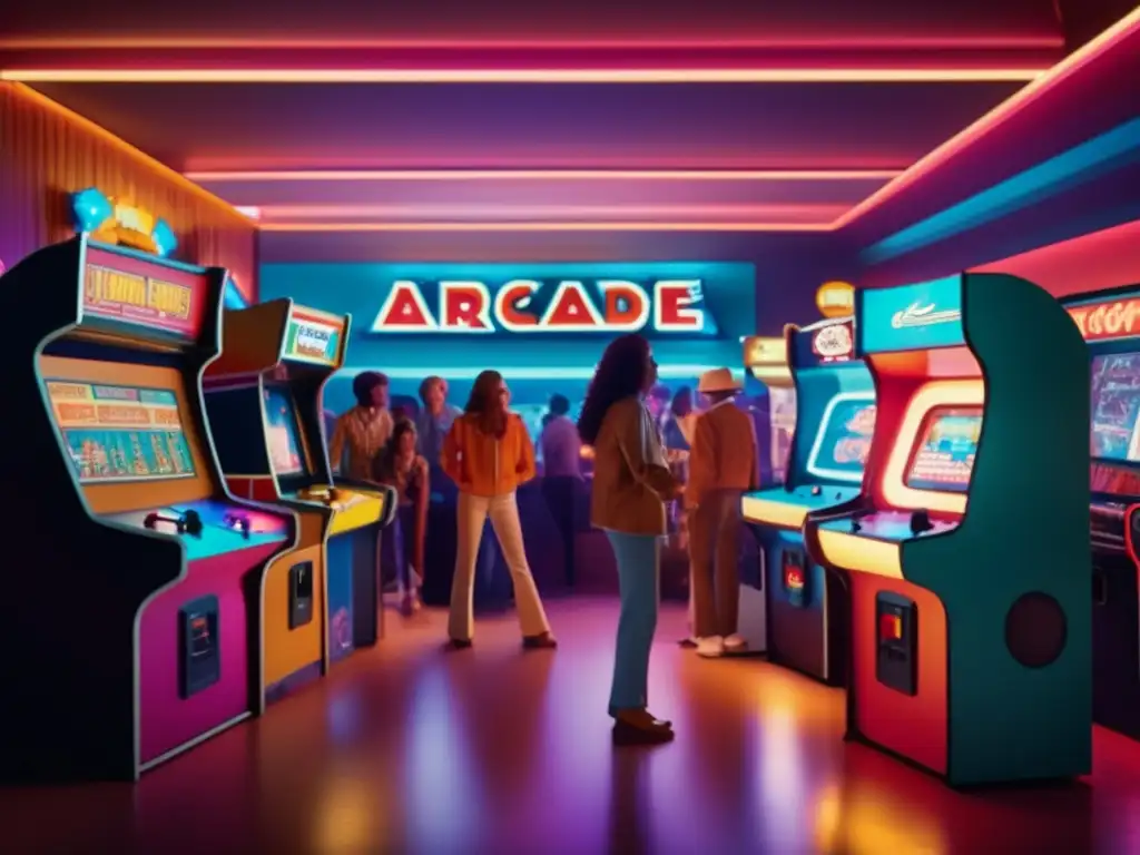 Imagen detallada de una sala de juegos de los años 70, con máquinas arcade vintage y una atmósfera nostálgica que captura el impacto cultural de la revolución de los videojuegos.