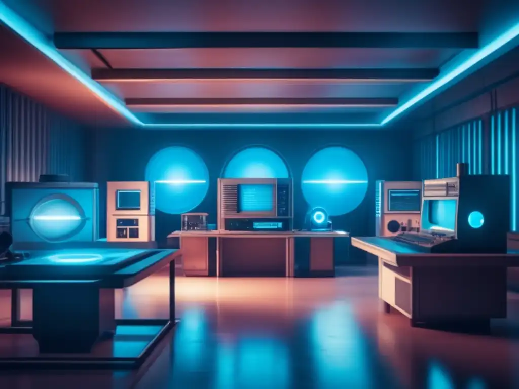 Una imagen evocadora de un laboratorio con tecnología retro y portales futuristas, capturando la influencia de Portal en videojuegos.