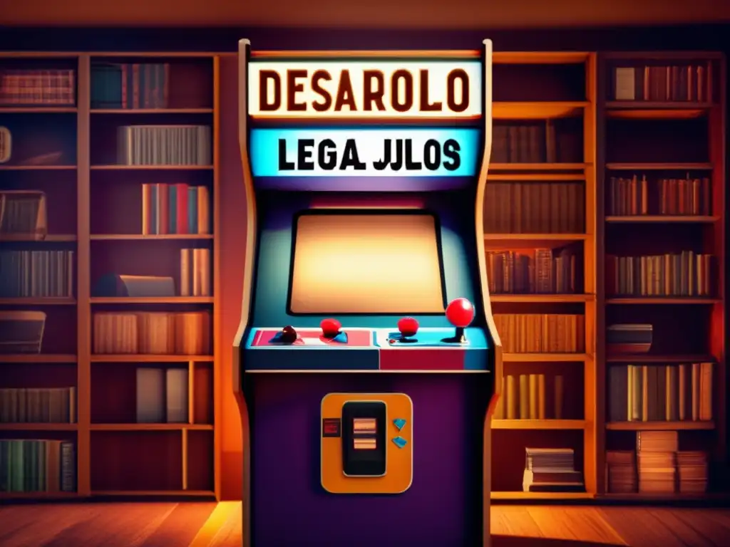 La imagen muestra un gabinete vintage de arcade con un documento legal en la pantalla, rodeado de estantes de libros de derecho y parafernalia de juegos antiguos. El letrero del gabinete dice 