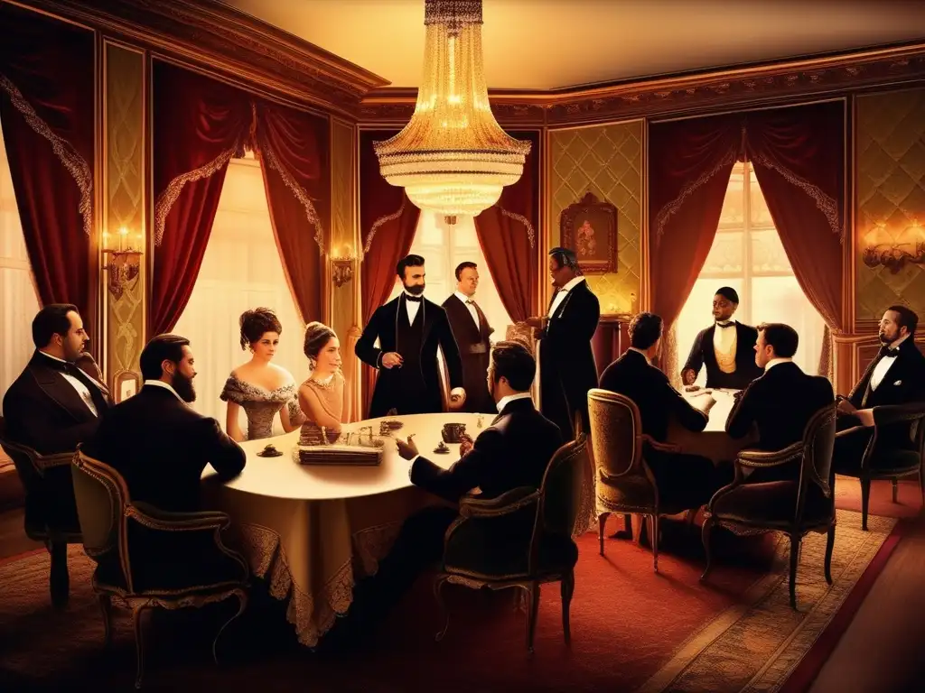 Una imagen de una lujosa sala de estar victoriana con juegos de salón y elegantes personas, capturando la influencia social del período.