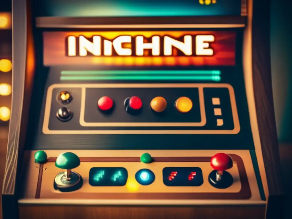 La imagen muestra una máquina arcade vintage con colores desgastados y detalles nostálgicos como botones gastados y una pantalla retro pixelada que muestra un juego indie clásico. La iluminación suave resalta la apariencia envejecida de la máquina, mientras que los patrones y texturas evocan una sens