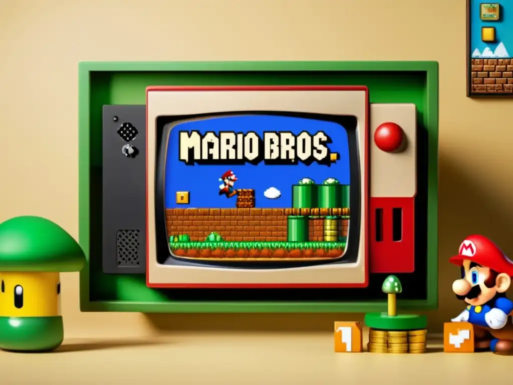 Una imagen nostálgica de la caja original del juego Super Mario Bros, rodeada de elementos retro y cálidos colores. Impacto cultural Super Mario Bros.