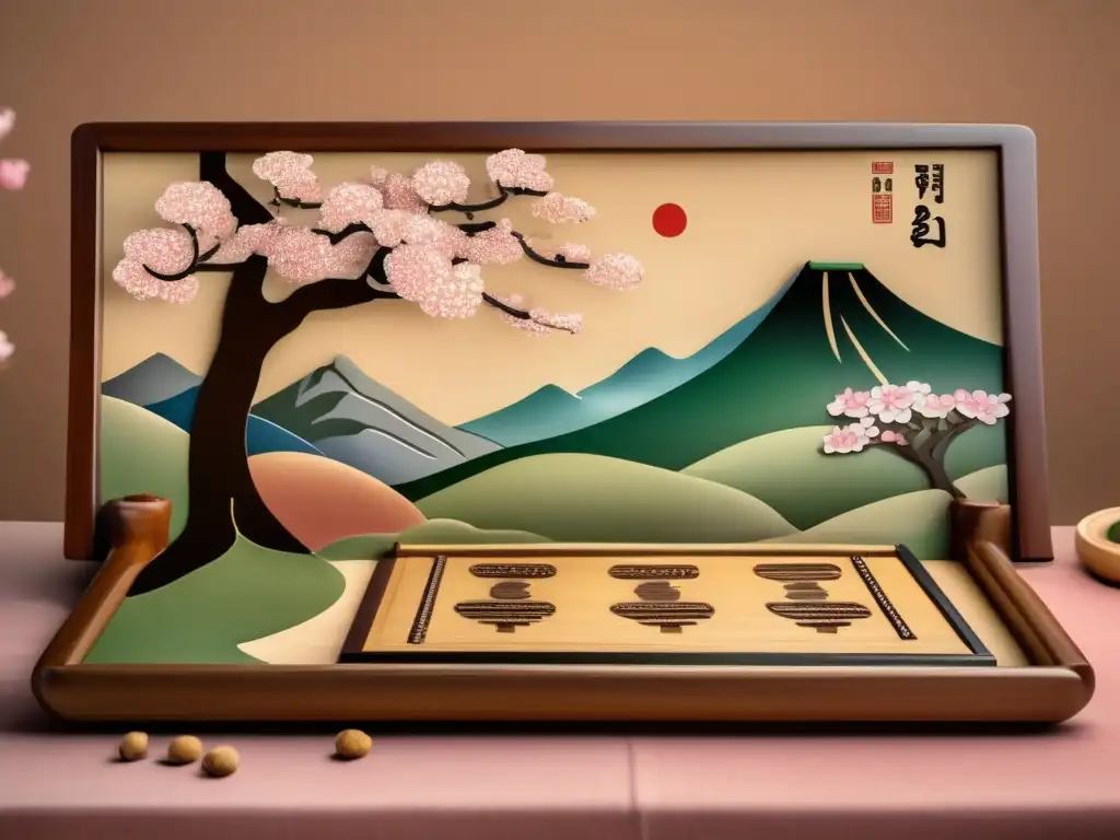 Una imagen nostálgica de un tablero de Janggi coreano tradicional resaltando su importancia en la tradición, con paisaje sereno de fondo.