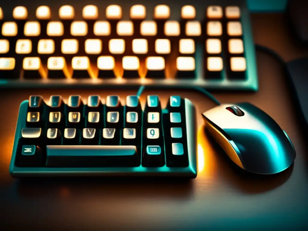 Una imagen nostálgica de un teclado y ratón retro iluminados, evocando la evolución del teclado y ratón gaming.