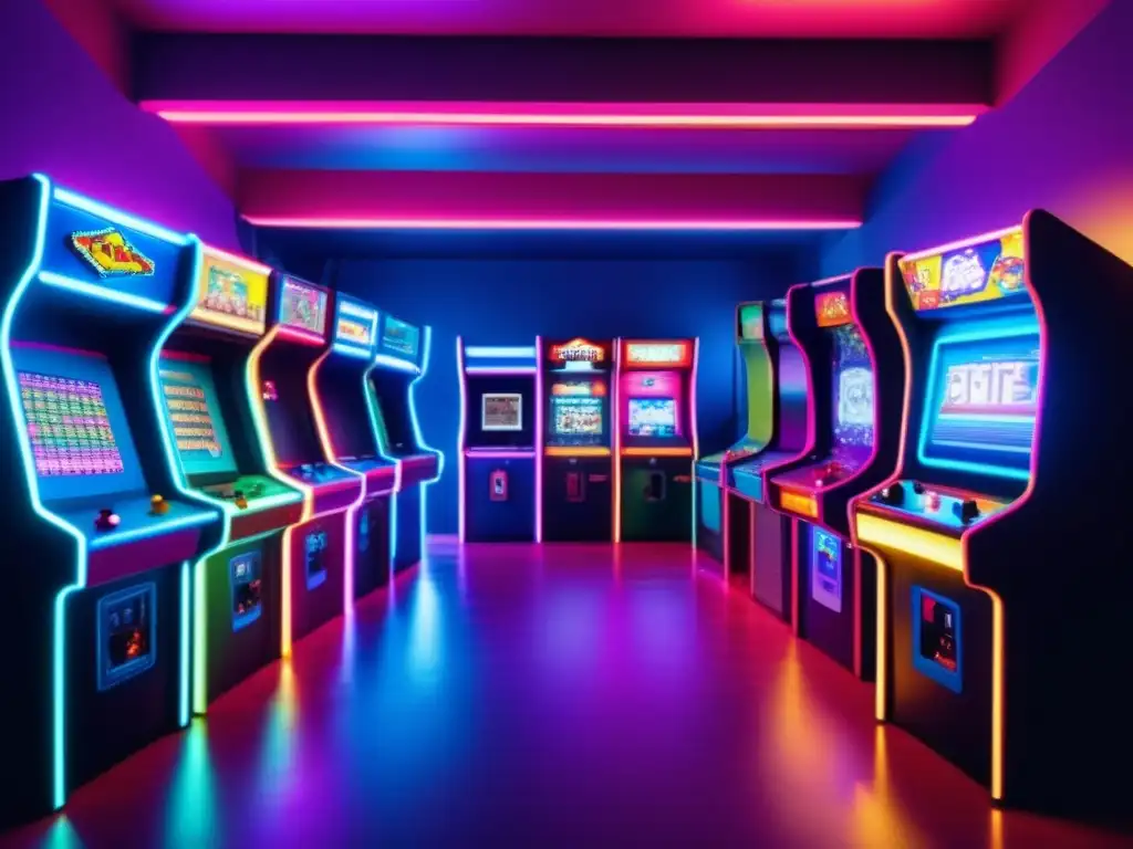 Imagen de un salón de juegos vintage con juegos clásicos de 8 bits, luces de neón y jugadores nostálgicos, capturando la influencia actual de los 8 bits.