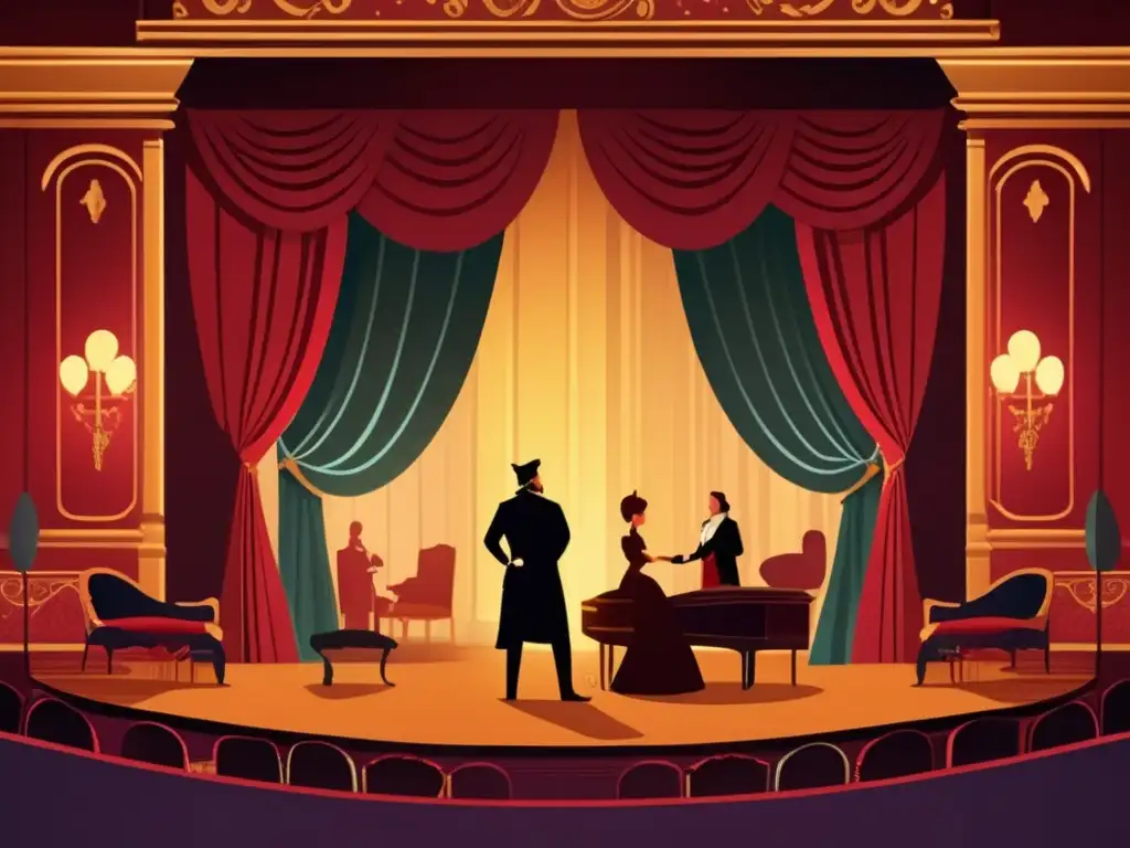 Imagen de técnicas dramatúrgicas en juegos narrativos. <b>Un escenario teatral vintage con personajes en escena y una atmósfera envolvente.