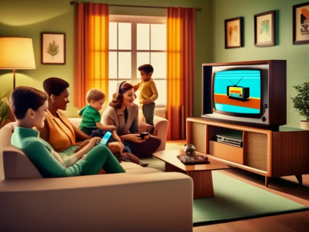 Una imagen que muestra la transición de consolas a juegos móviles y su impacto cultural, con una sala clásica y una familia reunida alrededor de un televisor, junto a un smartphone que exhibe un popular juego móvil.