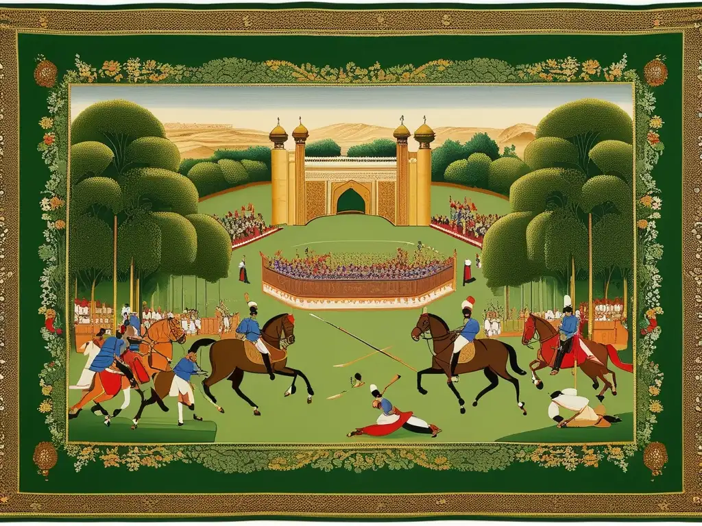 Imagen de tapiz persa vintage con un partido real de polo en un exuberante paisaje. <b>Detalles ricos en tonos cálidos.</b> <b>Origen y evolución del Polo.