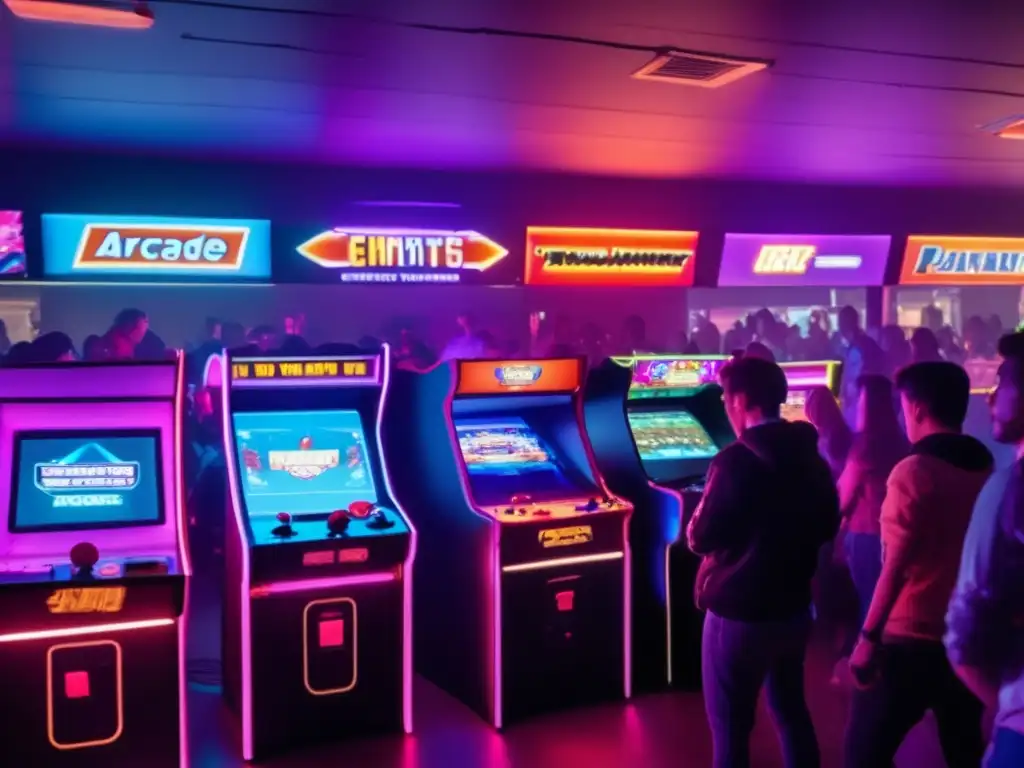 Impacto cultural de los eSports: Jugadores compiten en un emocionante torneo de videojuegos en un arcade vintage, rodeados de espectadores.