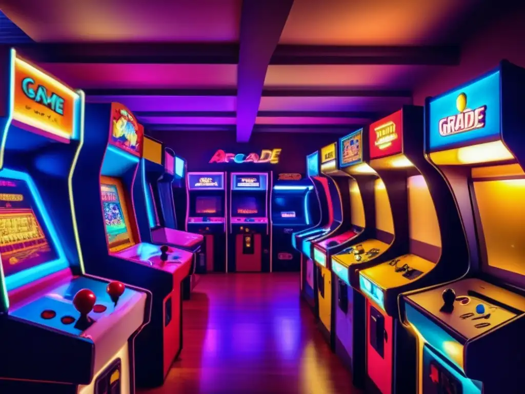 Inmersión en el impacto cultural de los videojuegos: una sala de juegos vintage con luces de neón, máquinas retro y jugadores disfrutando.