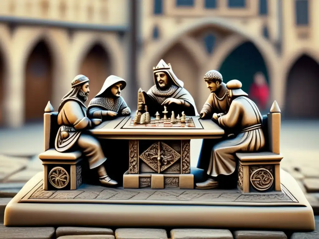 Una impresionante representación medieval de un juego de mesa en estatuaria, capturando la esencia y la historia de la época.