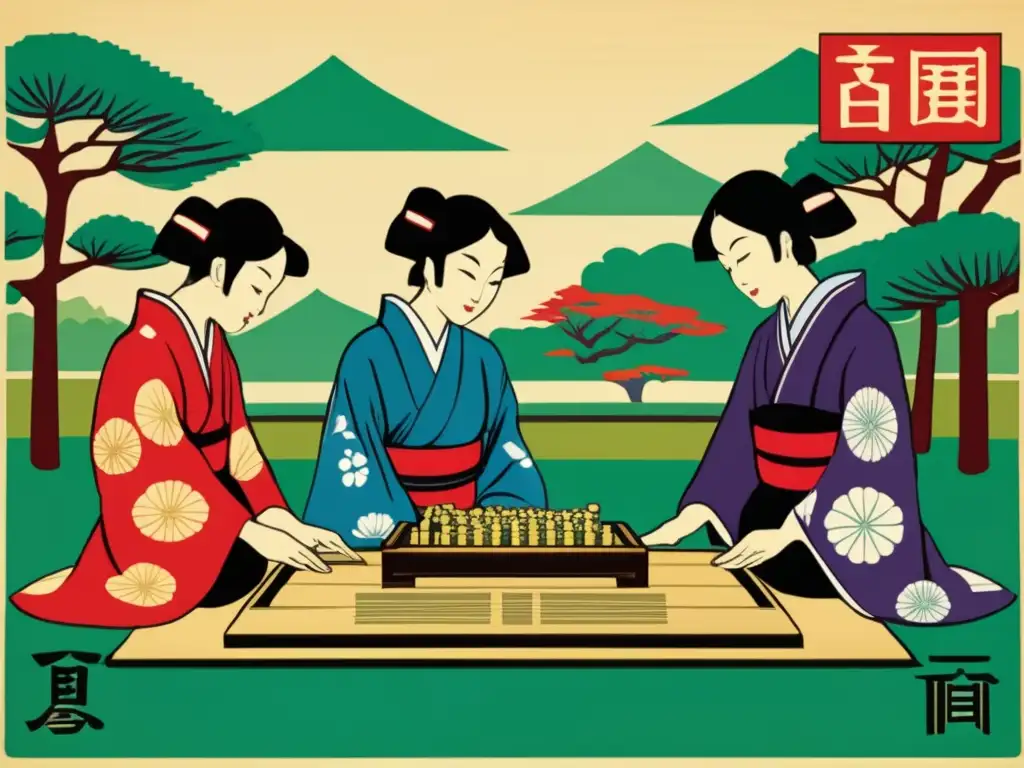 Una impresionante litografía vintage detalla una partida de shogi en un jardín sereno, con piezas y jugadores concentrados vestidos con trajes tradicionales. <b>Los colores vibrantes destacan la naturaleza y los patrones de las prendas.</b> <b>La imagen transporta a la antigua Japón, capturando la