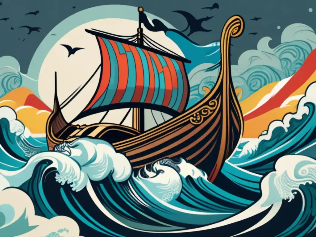 Impresionante ilustración vintage de un barco vikingo surcando aguas turbulentas, reflejando la evolución de los barcos vikingos en los juegos de estrategia.