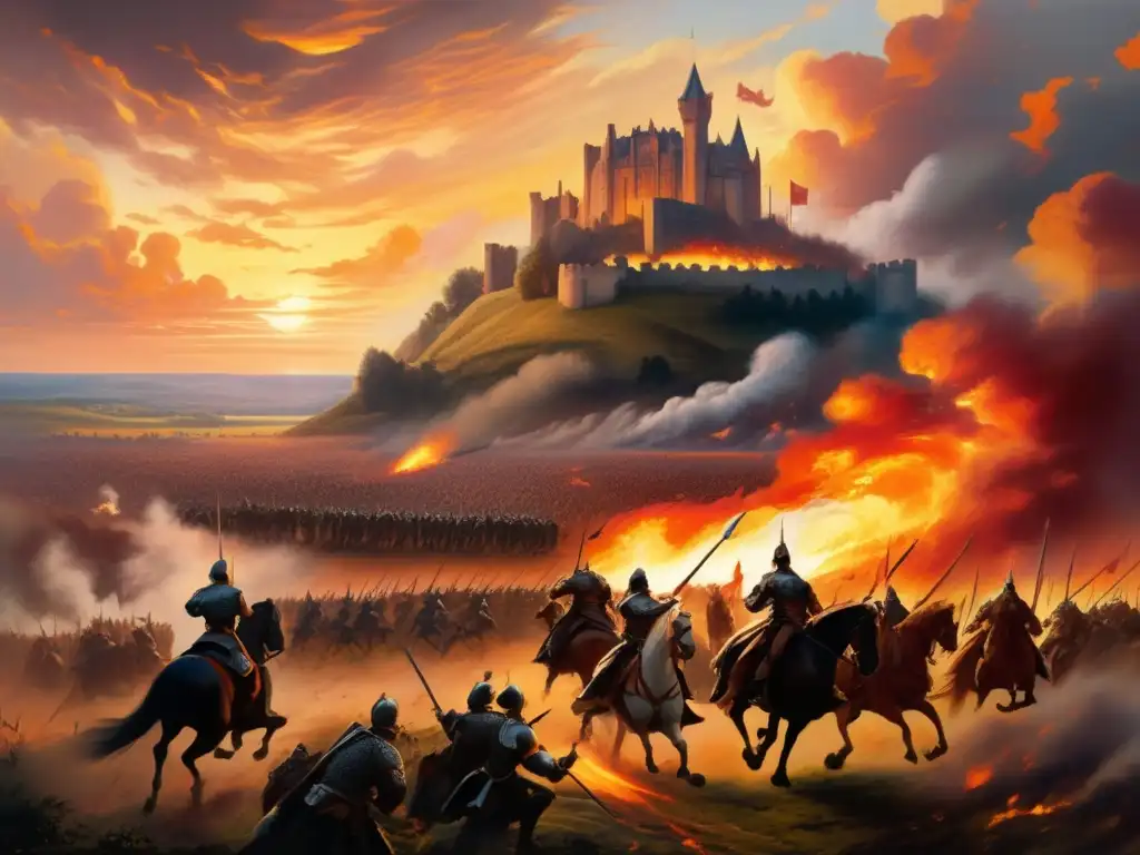 Increíble pintura al óleo de estilo vintage que retrata una épica batalla con castillos medievales, criaturas míticas y un cielo ardiente al atardecer. Detalles asombrosos que capturan la historia y el impacto cultural de los juegos de estrategia.