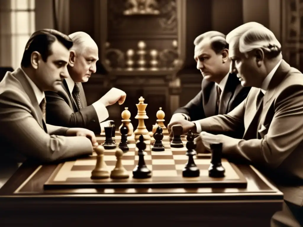 Influencia del ajedrez en líderes políticos: Fotografía vintage de líderes políticos inmersos en una intensa partida de ajedrez, reflejando concentración y estrategia. Tonos sepia añaden un toque atemporal, mientras los detalles de ajedrez y entorno evocan significado histó