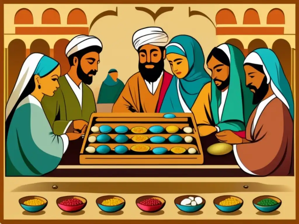 Influencia cultural del juego Mancala: Ilustración vintage de personas jugando Mancala en un bullicioso mercado del Medio Oriente.