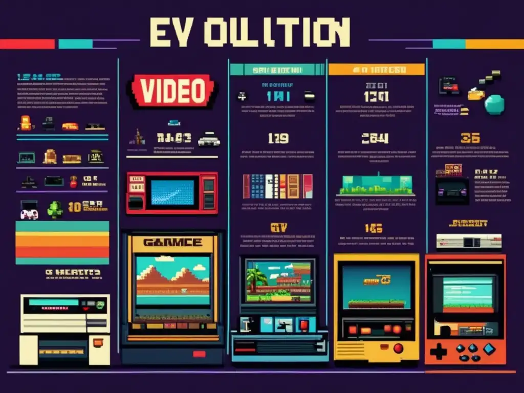 Una infografía detallada en estilo vintage muestra la evolución de los gráficos de videojuegos, desde personajes pixelados de 8 bits hasta entornos fotorrealistas modernos, con juegos y consolas icónicos de cada era, en colores vibrantes y detalles intrincados. La infografía está dividida en