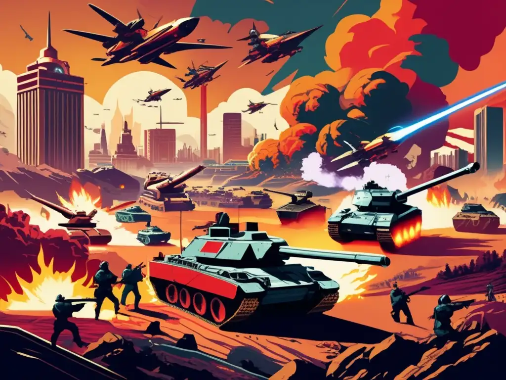 Ilustración vintage de una intensa batalla en un paisaje distópico, con icónicas unidades de Command & Conquer en combate. <b>La paleta vibrante y detalles intrincados capturan el caos de la guerra, evocando nostalgia y la popularidad de la serie Command & Conquer.