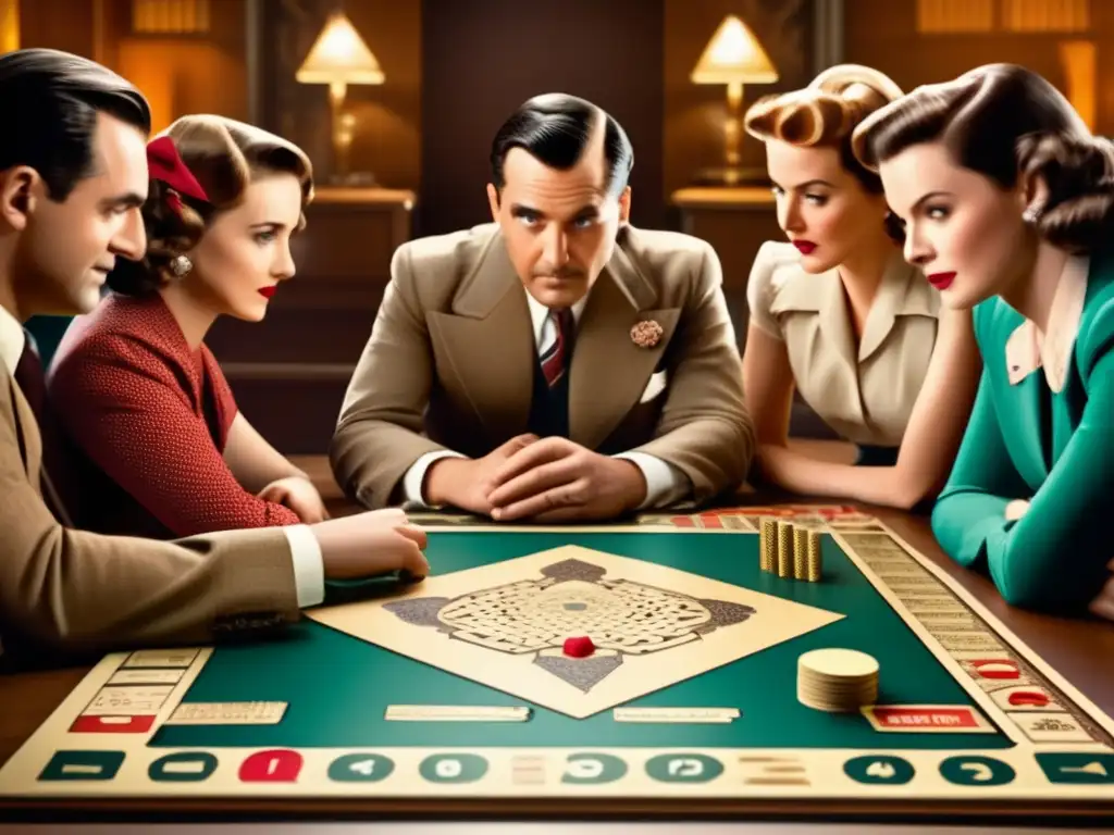 Un intenso criptoanálisis en un juego de mesa vintage mientras la cálida luz evoca nostalgia. <b>Los jugadores visten atuendos de los años 40.