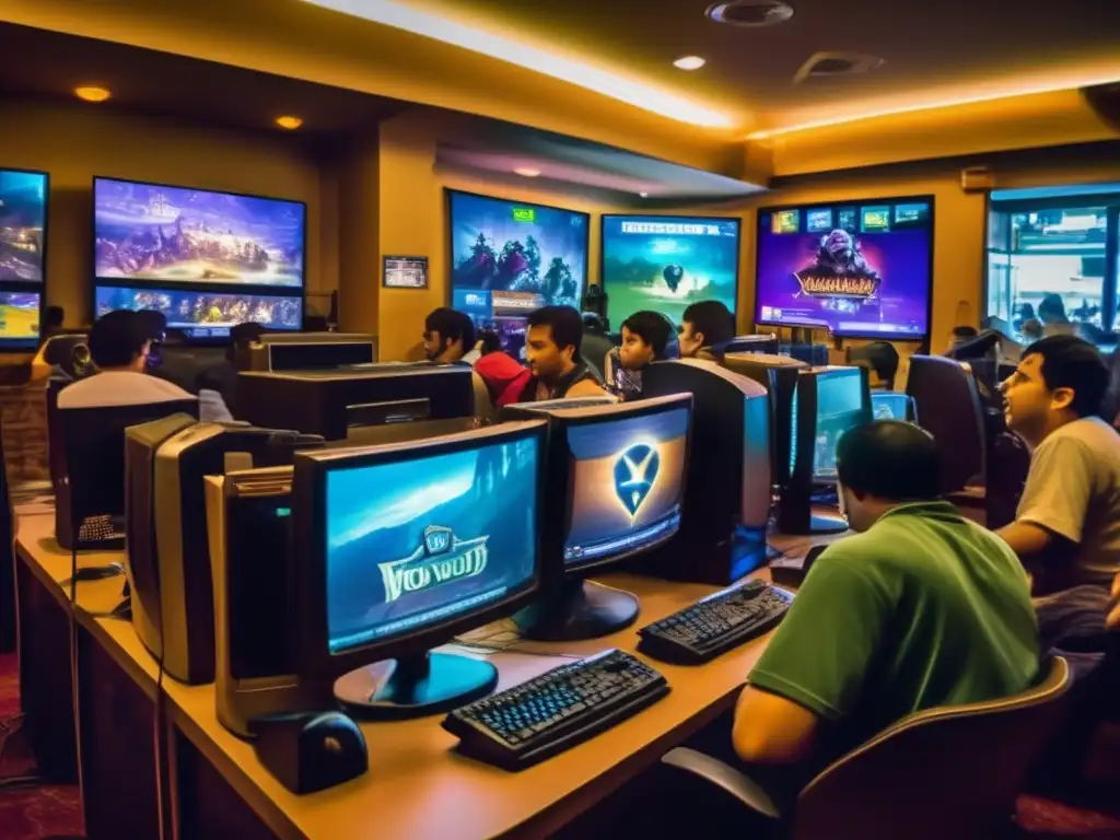 Un internet café abarrotado de jugadores entusiastas de World of Warcraft, con monitores CRT y atmósfera vintage. Impacto cultural World of Warcraft.