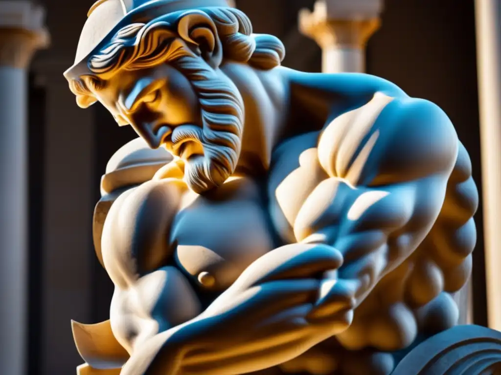 Interpretaciones modernas juegos escultura clásica - Escultura de mármol clásica de Teseo y el Minotauro, bañada en cálida luz, con expresiones vivas y detalles intrincados.