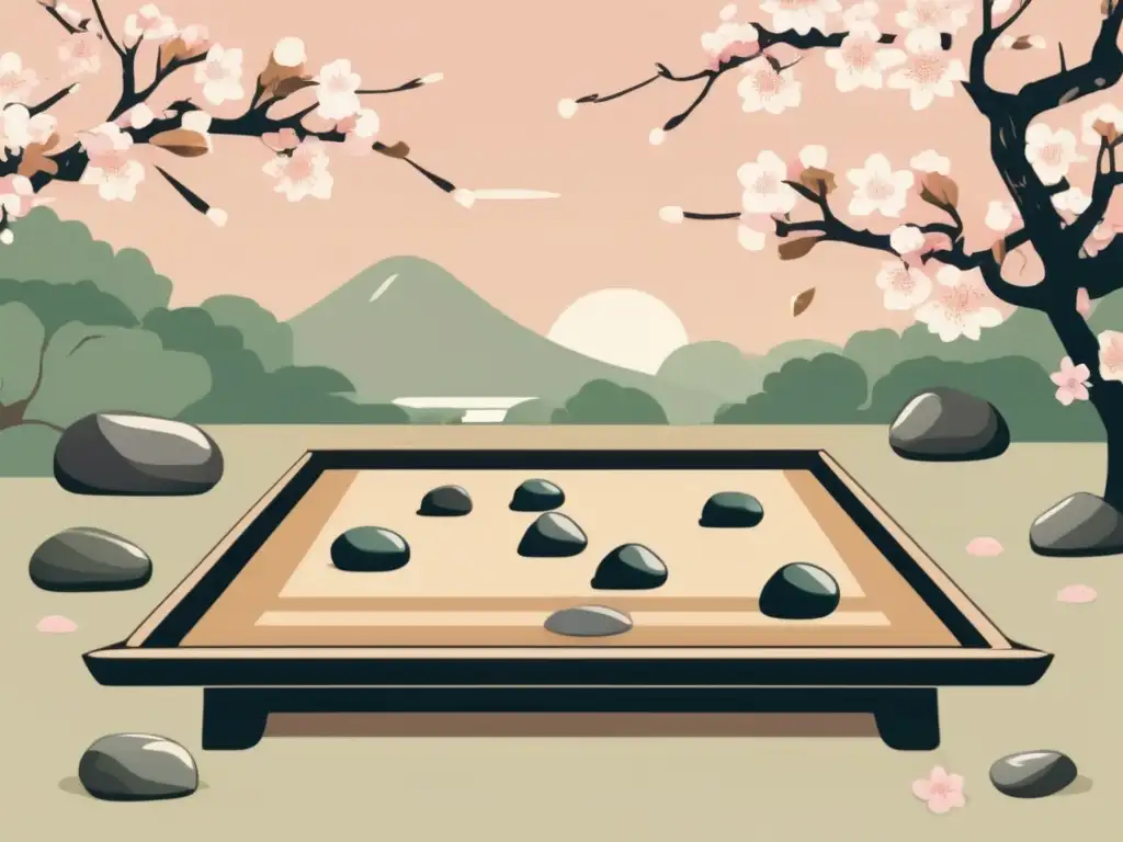 Un jardín japonés tranquilo con un tablero de Go y piedras, evocando el legado estratégico de Go en Asia.
