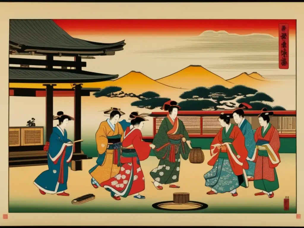 'Ilustración japonesa vintage de Sugoroku, juego tradicional con detalles detallados y colores vibrantes que capturan el origen y evolución del Sugoroku'