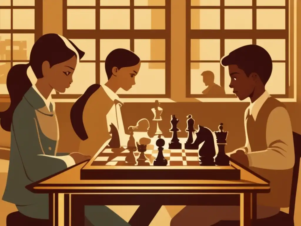 'Ilustración vintage de jóvenes concentrados jugando ajedrez en un aula, fomentando el pensamiento estratégico en jóvenes mediante ajedrez.'