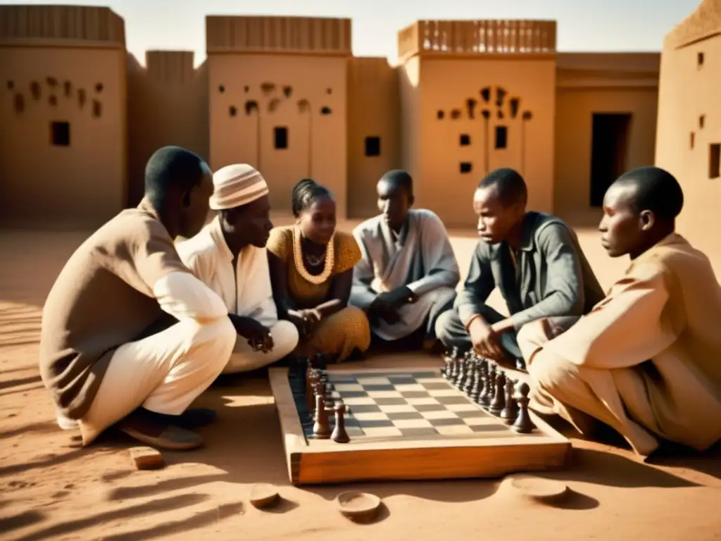 Un juego de ajedrez chadiano da vida a una escena vibrante y cultural en un patio polvoriento, donde hombres y mujeres se concentran en sus movimientos estratégicos. <b>El impacto cultural es palpable.