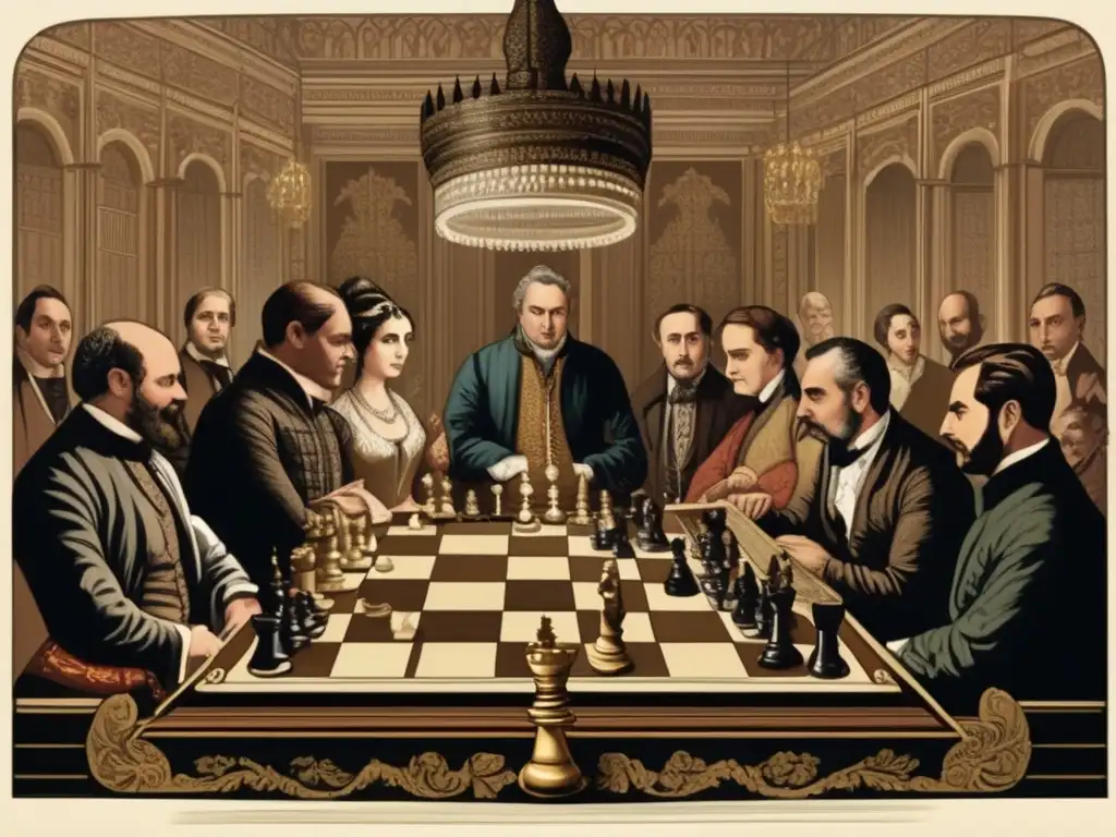 Un juego de ajedrez milenario en una sala elegante, con expresiones intensas y una atmósfera de historia y tradición.