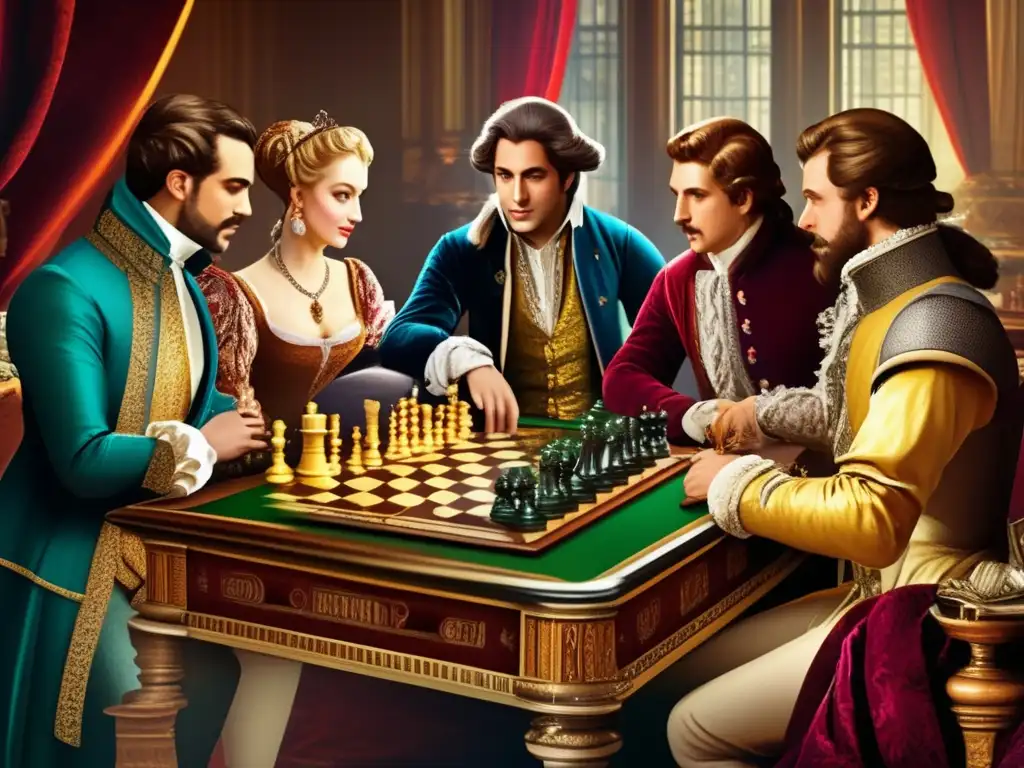 Un juego de ajedrez renacentista entre nobles en un opulento salón. <b>Atmosfera lujosa y elegante.</b> <b>Innovación en juegos de mesa.