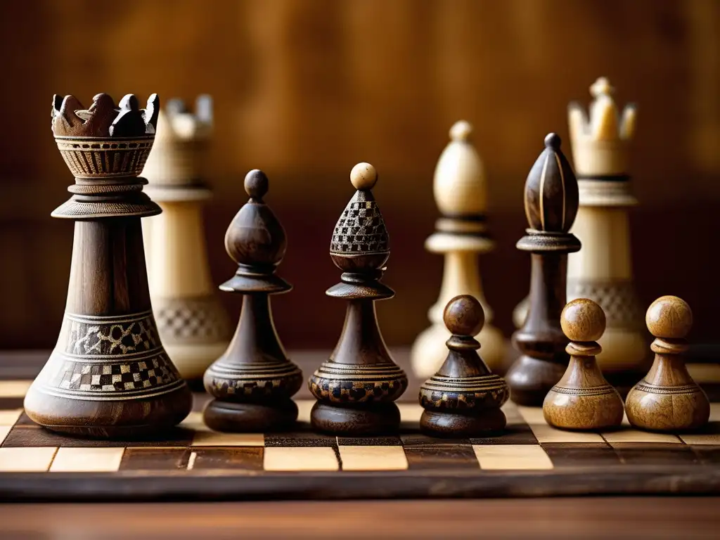 Un juego de ajedrez somalí vintage hecho de hueso de camello, con motivos tradicionales, en un tablero de madera desgastado. <b>Influencia cultural del ajedrez somalí.
