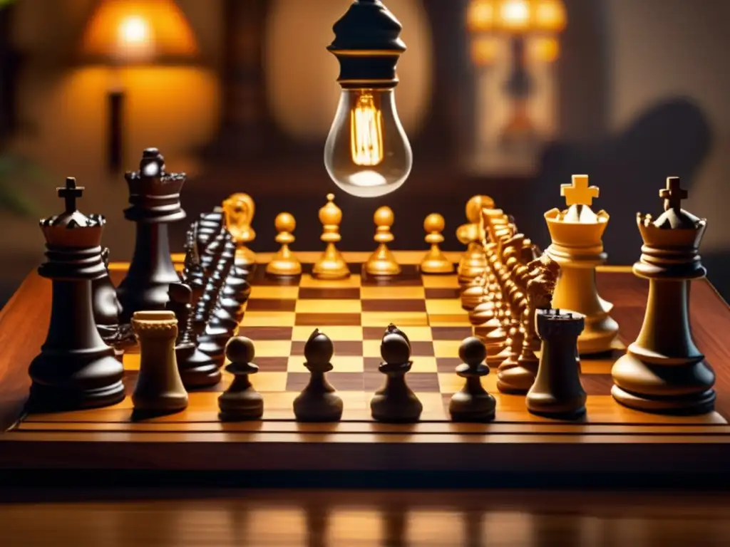 Un juego de ajedrez vintage iluminado por una cálida lámpara, evocando la tradición y el Renacimiento juegos de mesa moderna.