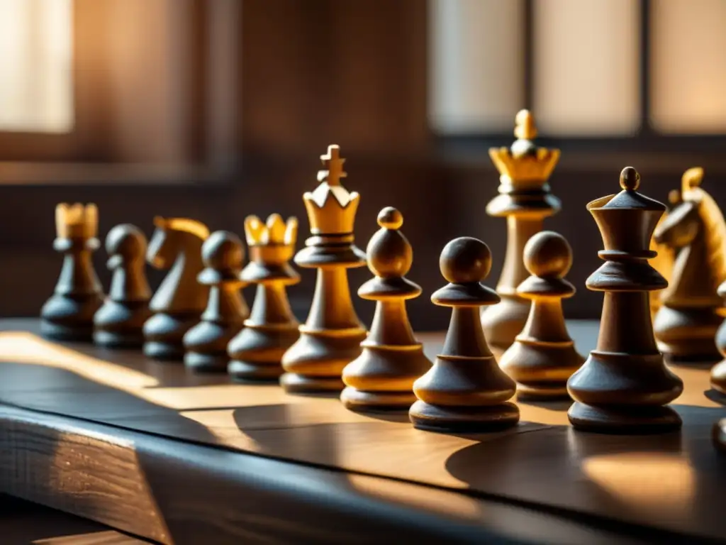 Un juego de ajedrez vintage en una mesa de madera en luz dorada, interpretando esculturas juegos conflictos históricos.