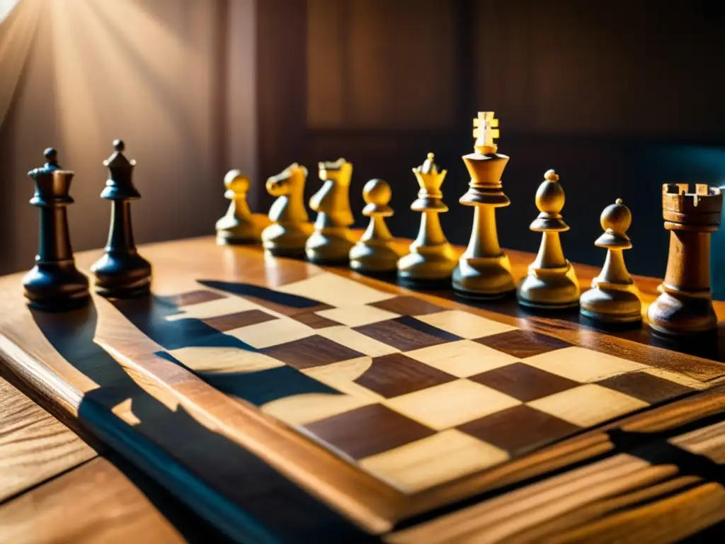 Un juego de ajedrez vintage en una mesa de madera desgastada, con piezas proyectando largas sombras dramáticas en la cálida luz de la tarde. El enfoque está en el contraste entre luz y sombra, resaltando el atractivo atemporal del juego y la profundidad psicológica